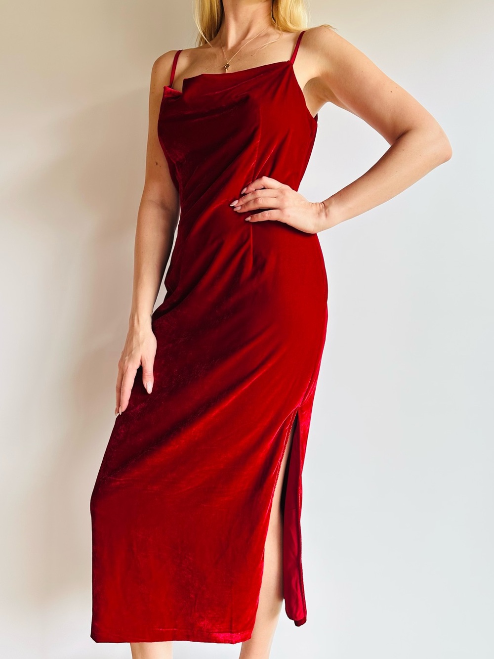 Antonio Melani Red Velvet Cowl Neck Midi Slip Dress Side Slit Spaghetti Straps
